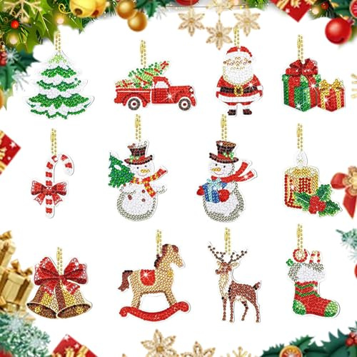 LEZED 12 Set Weihnachtsmann Schlüsselanhänger, Doppelseitige Wichtel Diamant Malerei Diy Kit, Für Kinder Erwachsene Weihnachtsdekoration,Weihnachten Kreative Handgemachte,Kunst Handwerk Geschenk.