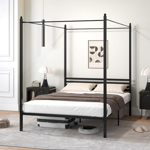 GOPLUS Himmelbett Metall 140x200 cm, Doppelbett mit Lattenrost, Metallbett mit Unterbett-Stauraum, Jugendbett Bettgestell, bis 300 kg belastbar, ohne Matratze, Schwarz
