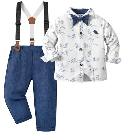 Volunboy Elegant barnset, pojkskjorta rosett och hängslen byxor 4 delar bröllopsceremoni kläder, Blått tryck, 18-24 M�nader