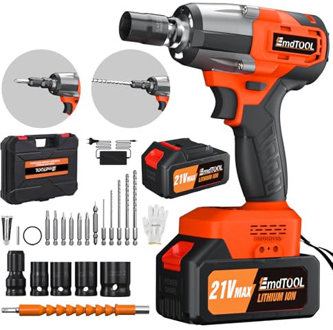 21V Avvitatore a Impulsi Brushless,Chiave Elettrica 3 in 1,3400 RPM,550 N.M,con 4 bussole,12 punte per cacciavite,batterie da 4.0Ah,per il settore automobilistico e per la casa,arancione