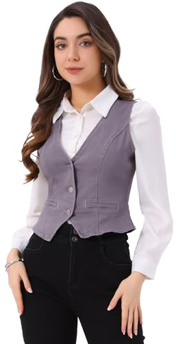 Allegra K Chaleco de mezclilla para mujer con cuello en V y botones sin mangas, informal, chaqueta vaquera Gris S