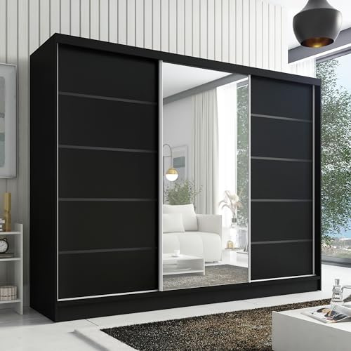 A&J MöbelLand Kleiderschrank Aurelia 2 – Schwebetürenschrank 200 cm breit mit Spiegel, 3-türig, Kleiderschrank mit Schubladen, Schiebetürenschrank für Schlafzimmer oder Garderobe