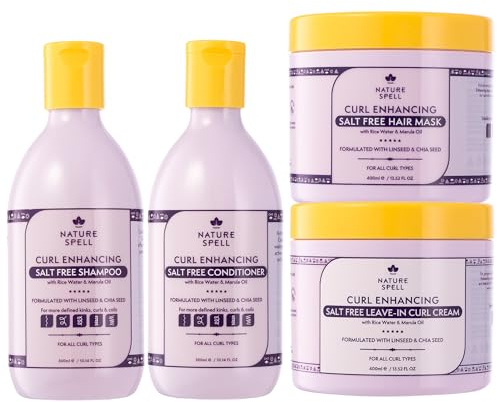 Nature Spell Curl Enhancing Set for Curly Hair, Salt Free Shampoo & Conditioner, Hair Mask & Leave-In Cream, Sulfate & Paraben Free, Suitable for All Curl Types, Colour Safe, Vegan, Pack of 4