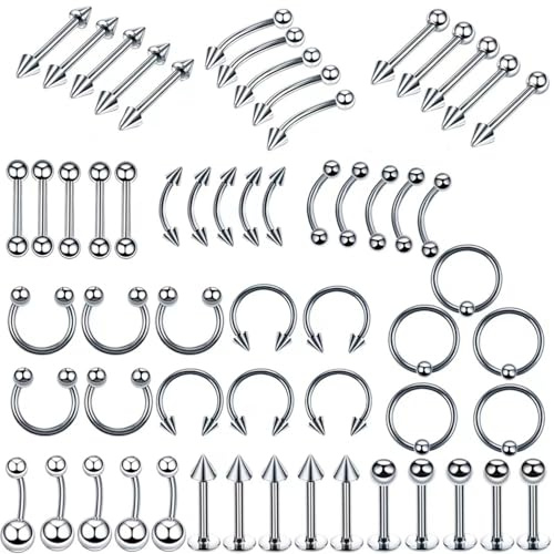 60PCS Piercing Jewellery, 12 Styles Surgical Stainless Steel Body Jewelry, Includes Eyebrow Piercing, Vertical Labret Lip Bars, Lip Eyebrow Tongue Nose Ear Belly Hoop Rings for All Body Usage