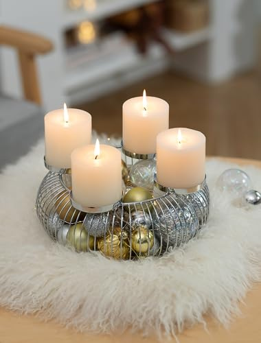 Romadedi Advent Wreath Modern Metal Advent Candle Holder Silver for 4 Advent Candles Advent Arrangement Christmas Wreath Advent Wreath Decoration for Pillar Candles Table Christmas Decoration Indoor