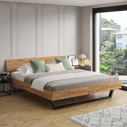 skølm Alver Massivholzbett 180x200 cm – Bettgestell aus Massivholz Eiche geölt – Holzbett mit schwarzen Metallkufen – hochwertiges Bett mit 1 Strebe als Bettkopf – Bettrahmen geeignet als Doppelbett