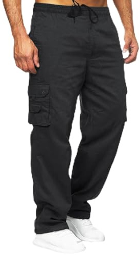 ALPS ATG Mens Thermal Fleece Lined Cargo Combat Trousers Elasticated Waist Walking Outdoor Hiking Multi Pockets Water Resistant Pants, Black, L