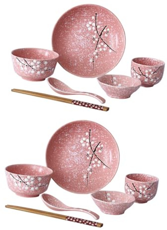Juego de Vajilla de Cerámica 12 Piezas Japonesa para Hogar | Color Rosa, 1 Set, Apta para Hotel y Fiesta, Diseño Delicado de Estilo Japonés