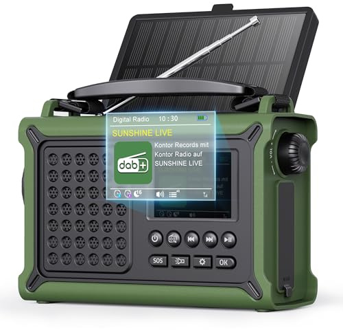ROCAM Radio portatile DAB+ con Bluetooth, 12000 mAh, con pannello solare da 8500 mm² e manovella da 650 mA. Radio digitale DAB/FM, display a colori da 2,4, 80 trasmettitori, torcia a LED, USB, SOS