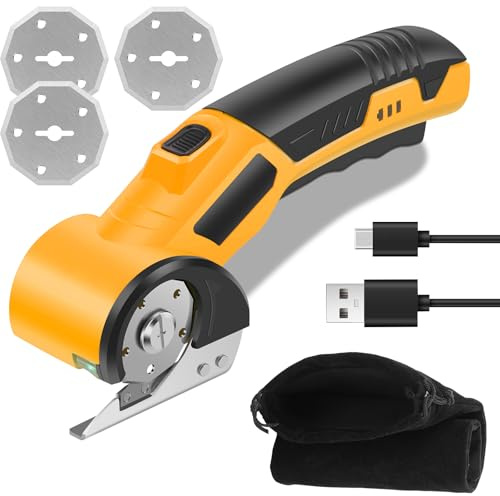 Kartonschneider Elektrisch Papier Schneider mit 3x Ersatzklingen und Sicherheitssperre, 5V Kabellose Stoff Schneideroller 320rpm Akku Universalschere zum Schneiden von Leder Karton Teppich Filz (Gelb)