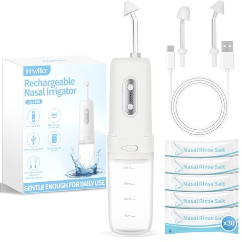 InhwRior Electric Nasal Irrigator Set, neti Pot,Sinus Rinse, Pulsating Variable-Flow, Mist & Stream Nozzles, 200 ml Large Tank, 30 Uses Cleanser, JQ-S14U（Nasal Irrigator+30 Packets of Saline）