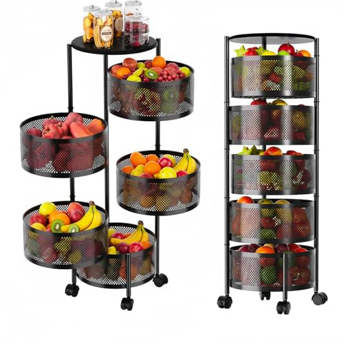 Avilia - Carrello con Ruote Portafrutta - Carrello Alto con 5 Cestelli Ovali Neri Struttura Robusta in Metallo - Ideale per Organizzare Cucina, Bagno, Ufficio, 90x32x32 cm
