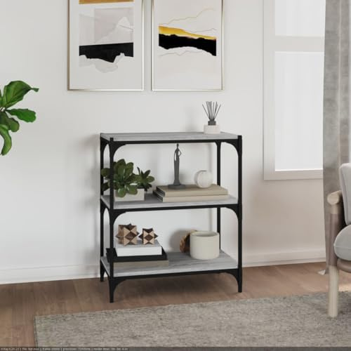 Mokuyary Bücherregal Grau Sonoma 60x33x70,5 cm Holzwerkstoff und Stahl Bücherschrank Büroregal Standregal, Aufbewahrungsregal Dekoregal für Wohnzimmer, Schlafzimmer, Büro
