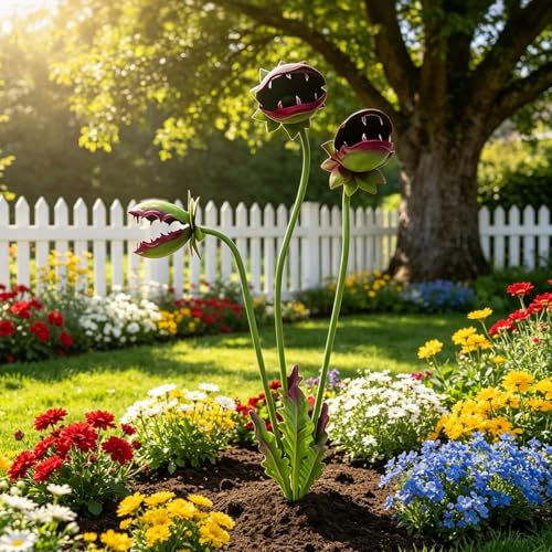 Talleros Metall Gartenstecker Fleischfressenden Pflanze, Große Skulptur Einer Venusfliegenfalle, Gartendekoration für Terrassen, Rasenflächen, Pflanzkübel und Blumenbeete (A)