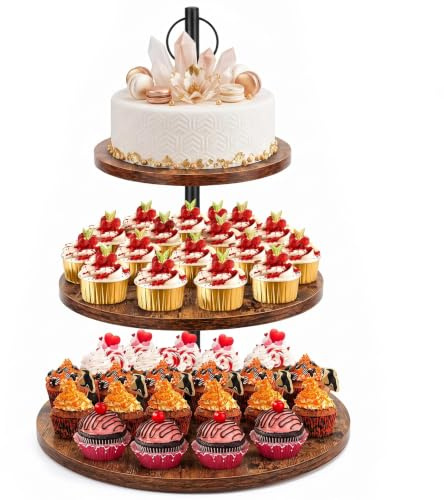 KOUHA Présentoir à Cupcakes 3 étages en Bois Presentoir Cupcake Etagere Gobelet Mariage Ø 30/25/20 cm Tour à Cupcakes en Bois pour Desserts Gâteaux Fromages Confiseries Biscuits et Fruits à Coque