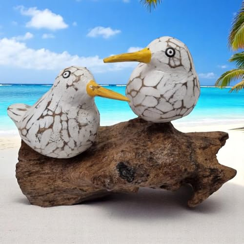 Kinaree fågeldekoration från Bali – handsnidad träfågel på teak rot, vitfärgad, maritim stranddekoration, individuellt eller som par