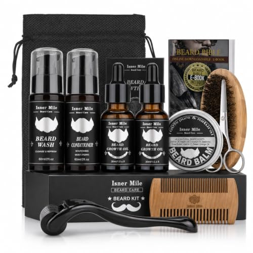 10-Piece Beard Grooming Kit for Men with Beard Oil, Wash and Tools | Beard care set with 2 beard oils, beard balm, wash, conditioner and grooming tools for home, travel or gifting
