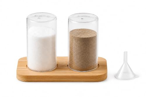 Eden & Willow Salt and Pepper Shakers Set with Bamboo Stand, Clear Glass Cruet Set, Refillable Salt & Pepper Pots Dispenser for Kitchen, Dining Table & Worktop