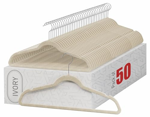 Home-it Premium Velvet Hangers 50 Pack - Ivory Suit Hangers Non Slip - Heavy Duty Clothes Hangers for Closet, Jacket, Shirt, Pants and Suit, Hook Swivel 360 - Ultra Thin