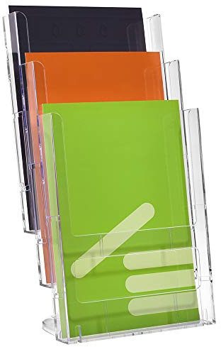 Tischprospekthalter/Flyerhalter DIN A4 Hoch / 3 Etagen/transparent | Für Flyer und Prospekte in DIN A4 Hoch (210x297mm), 23mm Fülltiefe, freistehend, transparent