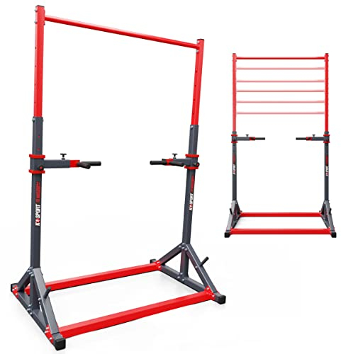 K-Sport: Stationäre Klimmzugstange + Dip Station bis 140kg belastbar, mit Pull-Up Bar & Halterung für Gewichte I Klimmzugturm für Muskeltraining, inkl. E-Book