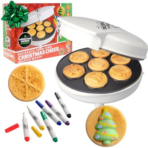 Christmas Holiday Waffle Maker w 6 Edible Food Markers- Make X-Mas Breakfast Fun w Delicious Decorated Pancakes or Waffles- Electric Nonstick Waffler Iron, Fun Gift for Kids & Adults, Family Activity