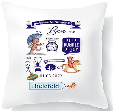 Personalisiertes Kissen zur Geburt Junge – Babygeschenk mit Namen & Geburtsdaten – Kuscheliges Namenskissen als Erinnerung – Personalisierte Baby Geschenke zur Geburt (Schaukelpferd)