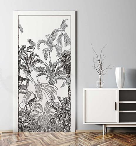 MyMaxxi - Tür bekleben mit Türtapete Selbstklebend 90x200 Dschungel Affen - Tür verschönern Türfolie - Türaufkleber XXL Aufkleber Folie- Türposter Türklebefolie Tropisch Palmen schwarz-Weiss -