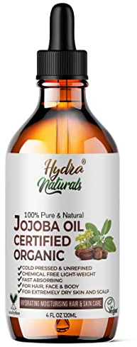 Hydra Naturals 100% Organic Cold Pressed Jojoba Oil 120ml, Hexane-Free Carrier Oil for Body, Hair, Face, Beard, Skin & Nails, Massage Oil, Vegan & Cruelty Free, Fast Absorbing, Non-Comedogenic