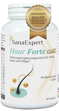 SanaExpert Haar Forte Gold - Integratore Premium per Rinforzare i Capelli - Estratto di Bambù, Melanina, Biotina e Zinco - Ingredienti naturali, vegano - 60 Capsule - Prodotto in Germania