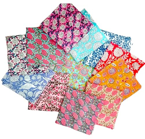COTSILER Premium Handblock Cotton Napkin Set, Floral Print, Handmade Reusable Washable for Dinner (Multicolor, 16x16 Inch -Set of 12)