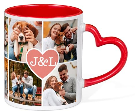 Made in Gift Taza de Cerámica de Color Rojo con Asa en Forma de Corazón Personalizada 33cl Collage Corazón de Color Rojo como Regalo Original para Parejas y Enamorados