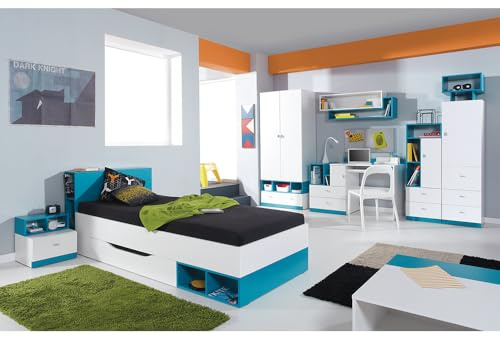 Lomadox Jugendzimmer Kinderzimmer Komplett-Set mit Bett 90x200cm und Schreibtisch modern weiß mit türkis