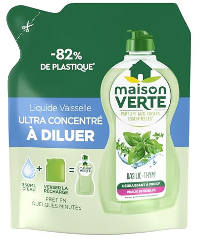 Maison Verte - Liquide Vaisselle - L'Ultra Concentré à Diluer - Basilic-Thym & Huiles Essentielles - Dégraissant à Froid - Adapté aux Peaux Sensibles - Prêt en quelques minutes - 150ml