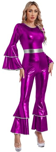MSemis 70-tals Disco-Lady-kostym för kvinnor, långärmad glänsande jumpsuit, ettdelad overall, bodycon bell, flare-byxor, karnevaldräkt, lila, S