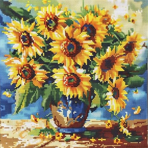 Lfynior Kreuzstichkissen Set Sonnenblume Stickkissen zum Selbersticken 45X45cm Stickpackung Stickset Kreuzstich Kissen zum Basteln Stickkissen Stickpackung mit Vorgedruckt Kreuzstichmotiv