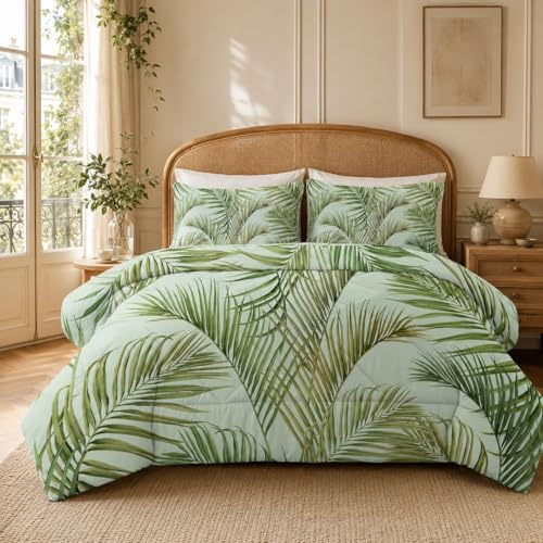 LSSLK Piumino Letto Matrimoniale 4 Stagioni 220x240 cm, Foglie di Palma Reversibile Piumone Leggero 240x220 cm, Verde Coperta Trapunta in Microfibra con 2 Federe, Lavabile in Lavatric