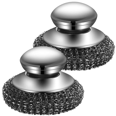 Stainless Steel Scourer, Non Scratch Stainless Steel Scourers with Handle, Washing Up Scourer, Scouring Pad Ball - Easy Grip for Cleaning Kitchen Pots Pans Grills Sink (2Pcs)
