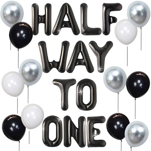 JeVenis Black Silver Halfway to One Balloons 6 Month Decorations 1/2 Birthday Decorations Half Birthday Party Supplies