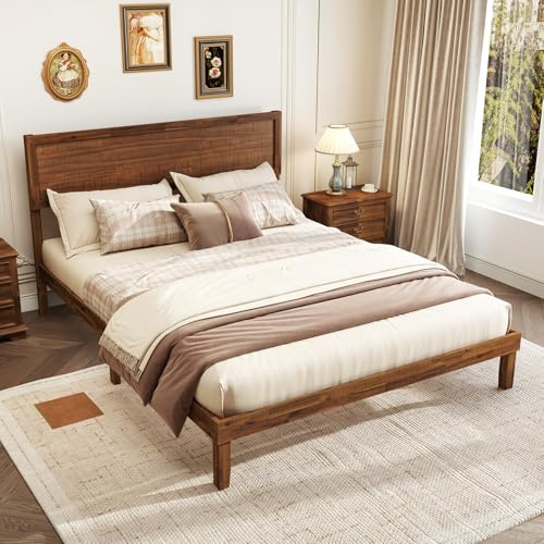 Giantex Wood Queen Bed Frame with Headboard, Mid Century Modern Platform Bed Queen Size with Solid Wood Legs & Wooden Slat Support, Easy Assembly, No Box Spring Needed, Walnut