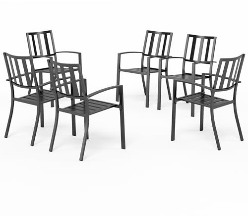 PHI VILLA Gartenstühle Set Metall, Terrasse, Stapelbar, Schwarz, 6 Stück | Rostbeständig E-beschichtet Terrassenstühle, Mit Armlehnen, 136 kg Tragkraft, Platzsparend Stapelbar