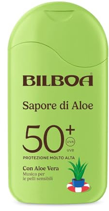 Bilboa Sapore di Aloe latte solare SPF 50+, con Aloe Vera, Musica per le Pelli Sensibili, Resistente all'Acqua, Dermatologicamente Testato - 200 ml