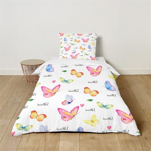 Hearda Kinderbettwäsche, Schmetterlingsmuster Bettwäsche Set für Bettwäsche Mädchen Jungen Mikrofaser Kuschelige Bettwäsche, Bettdecke und Kissen Set mit Reißverschluss (Rosa,100x135cm)