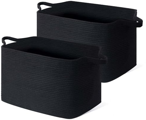 JOJOSEE Large Storage Basket, Blanket Basket for Clothes Bedding, Woven Storage Baskets, Toy Storage for Kids, Rope Basket for Living Room, Nursery, Bedroom 55x38x30 cm (Black, 2 Pack)