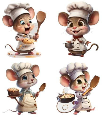 NOPVUFA 4 Stück Wandtattoo Küche Selbstklebend, Wandsticker Küche süss kleine Mäuser Koch, Wanddeko Küche Maus Küchenmeister, Kinderzimmer Wanddeko für Wohnzimmer, Schlafzimmer, Esszimmer