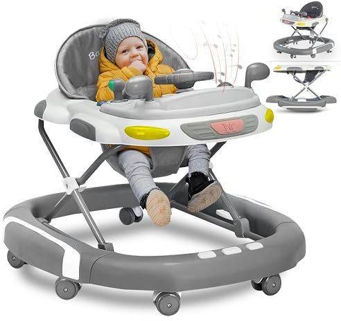 2-in-1 Foldable Baby Walker & Rocker - Multifunctional Walker with 4 Adjustable Heights, Removable Feeding Tray, Music & Silent Wheels - Baby Walkers for Boys & Girls 6 Months+ (Grey)