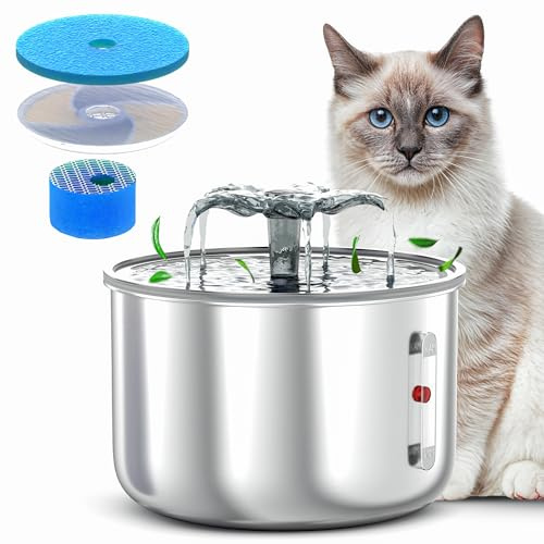 PetiFa Stainless Steel Cat Water Fountain, Automatic 2L Pet Water Dispenser with Ultra-Quiet Pump and Easy-to-Clean, Designed for Cats & Small Dogs (silver, one size)