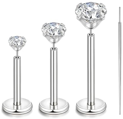 Lantine 3PCS 20G Tragus Piercing helix Labret conch Piercing Ohr Silber Chirurgenstahl Nasenpiercing Stecker 234mm CZ Medusa Piercings Lippenpiercing with Kegelpiercing für Frauen Männer 6810mm