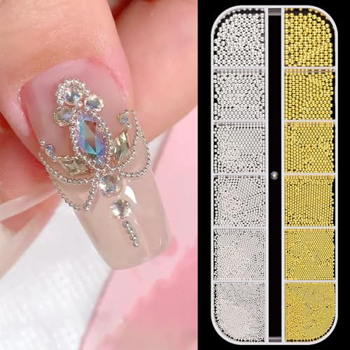 GZMAYUEN 1 Boîte Or Argent Nail Charms Pearls Caviar Strass Ongle Nail Art, Mini Nail Caviar Beads pour Bijoux 3D Nail Art