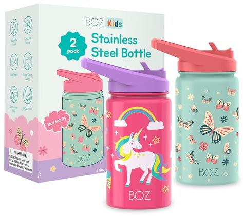 BOZ Isolerad vattenflaska för barn med sugrörslock – tvåpack enhörning/fjäril rostfritt stål vakuum dubbelvägg småbarnsflaska, 414 ml (14 oz) repbeständig och diskmaskinssäker